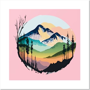 t-shirt design, watercolor painting of trees and mountains Posters and Art